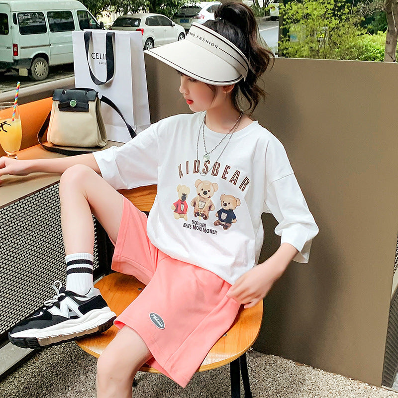 Girls summer short-sleeved T-shirt cotton loose elastic sweat-absorbent middle and large children primary school students junior high school students hypertrophy cartoon white tide