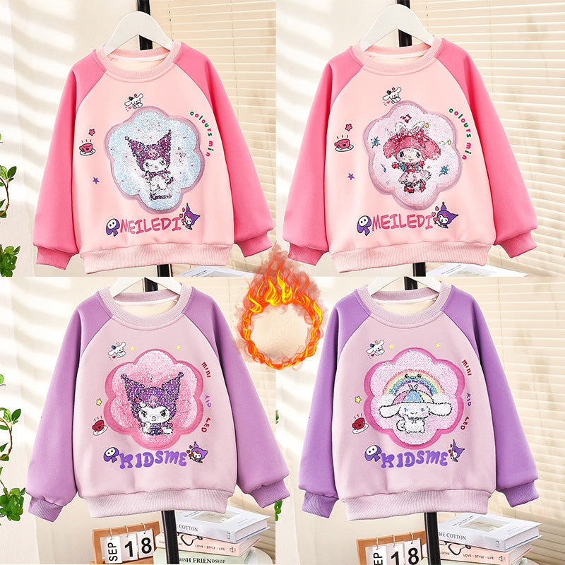 Girls' winter fleece bottoming shirt for girls, sequins, thickened, warm, soft outerwear, cartoon underwear for toddlers and children, internet celebrity