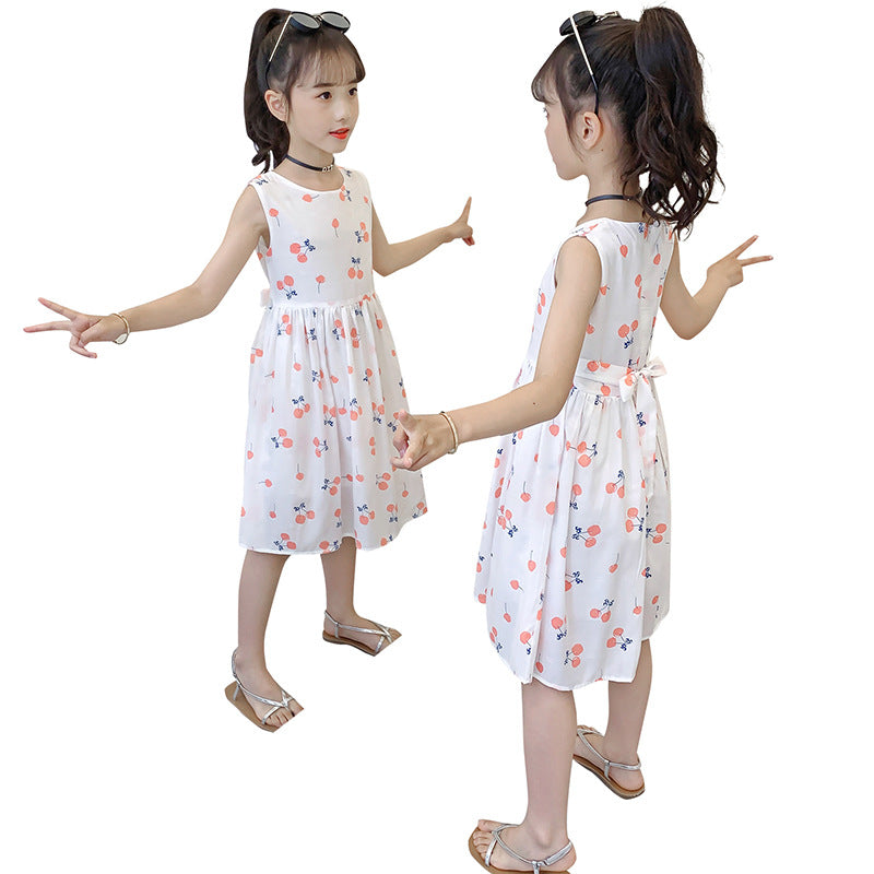 Girls Dress 2024 Summer New Style Children's Style Printed Cotton Skirt Little Girls Sleeveless Cartoon Tank Top