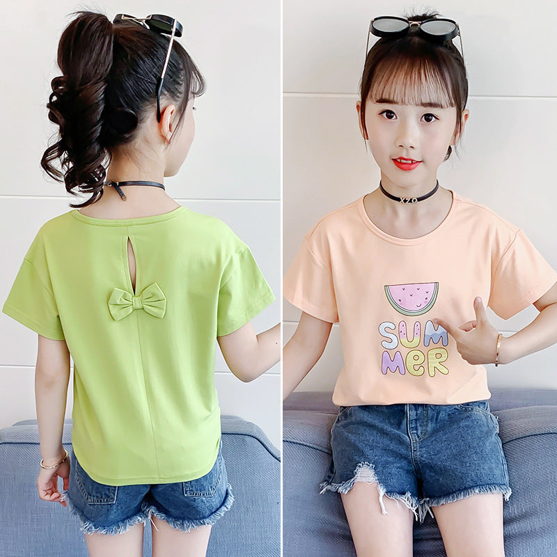 Girls summer short-sleeved T-shirt new style fashion print round neck T-shirt cute bow casual cotton top