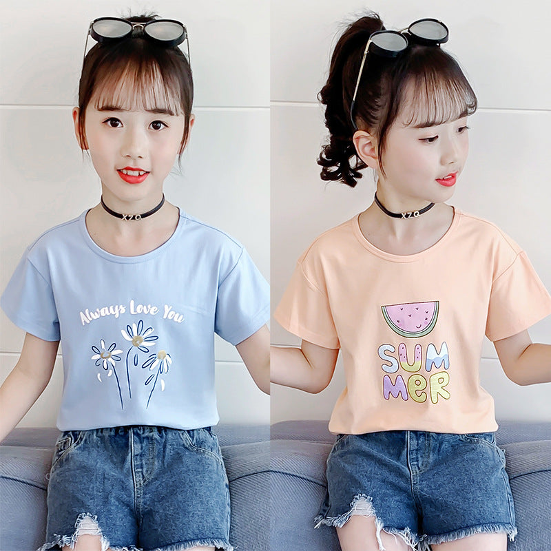 Girls summer short-sleeved T-shirt new style fashion print round neck T-shirt cute bow casual cotton top