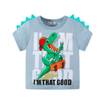 2024 New Dinosaur 3D Children Cartoon Short Sleeve T-shirt Boy Baby Knitted Top Wholesale One Piece Dropshipping