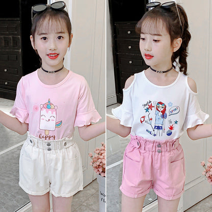 Girls summer shorts 2024 new children's clothing solid color casual flower bud shorts for middle and large children stylish cotton hot pants trend