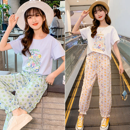 Summer girls' thin anti-mosquito pants ice silk loose floral sports cotton medium and large children's short-sleeved trousers two-piece suit trendy