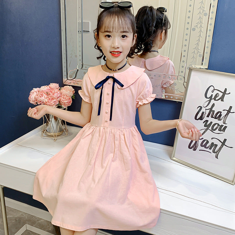 Girls short-sleeved dress summer new style solid color cotton dress pure cotton dress short-sleeved doll collar dress princess dress