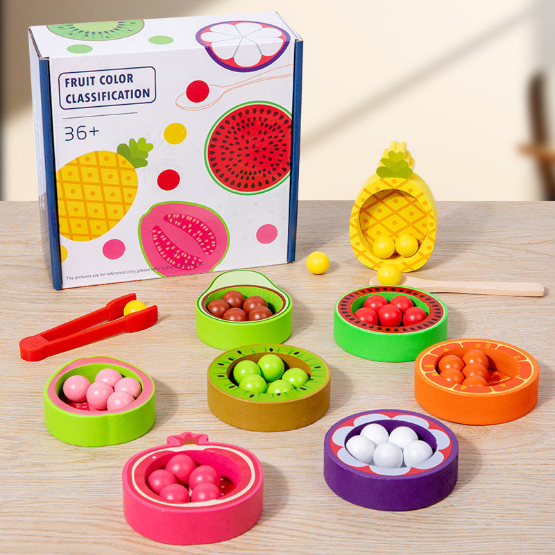 Children's wooden exercise baby hands-on parent-child interactive fruit recognition color classification clip beads educational toys