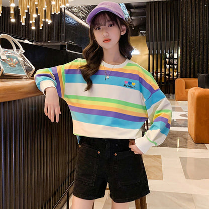 Girls Spring and Autumn Striped Top Pullover Elastic Loose Korean Style Color Stripes Medium and Large Children Rainbow Fat Large Edition Trendy