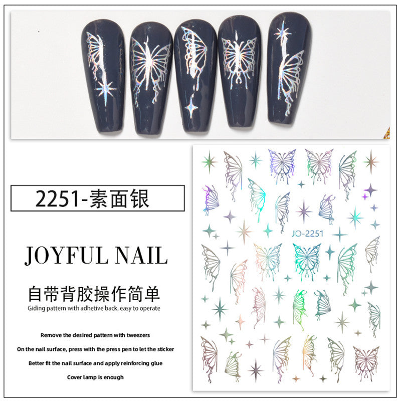 Nail stickers hollow elegant butterfly stickers three-dimensional fantasy color laser liquid butterfly fresh gold and silver aurora nail stickers