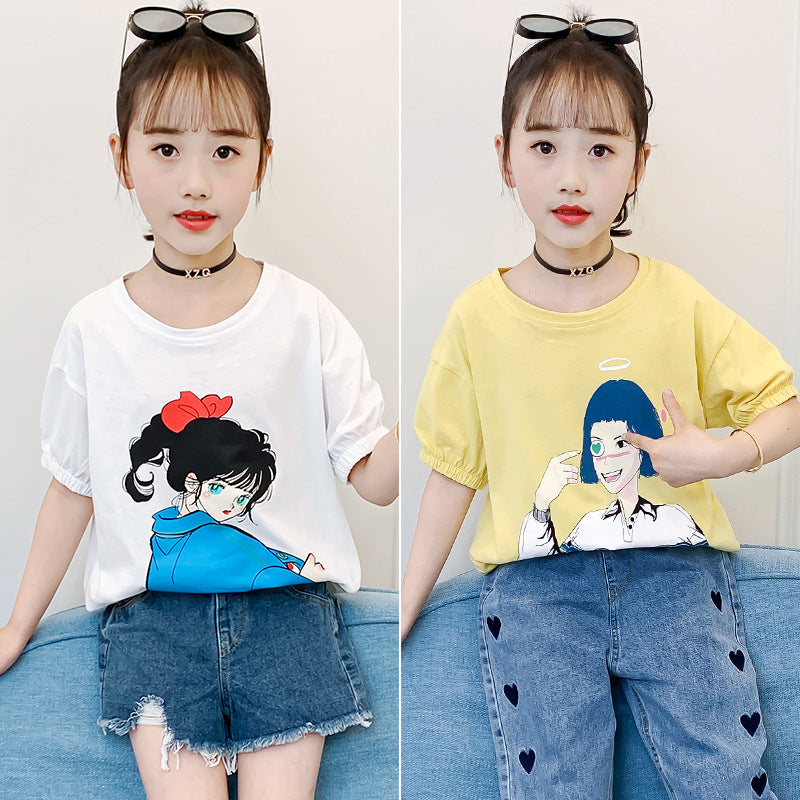 Girls short-sleeved T-shirt 2024 new style children's summer cartoon T-shirt medium and large children's loose printed top