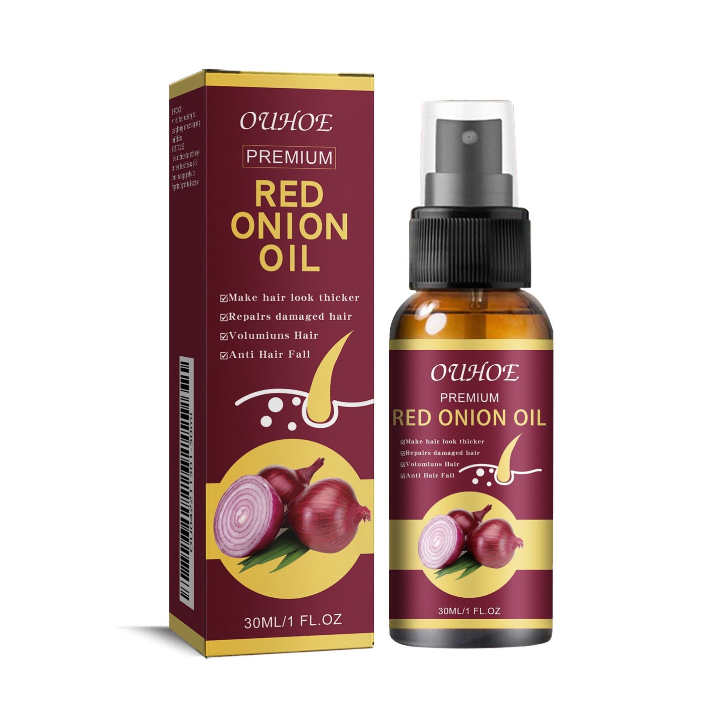 OUHOE onion thick hair oil Essential oil ក្រាស់ រលោង រឹងមាំ ប្រឆាំងការជ្រុះសក់ ស្ព្រាយផ្តល់សំណើមដល់សក់ 