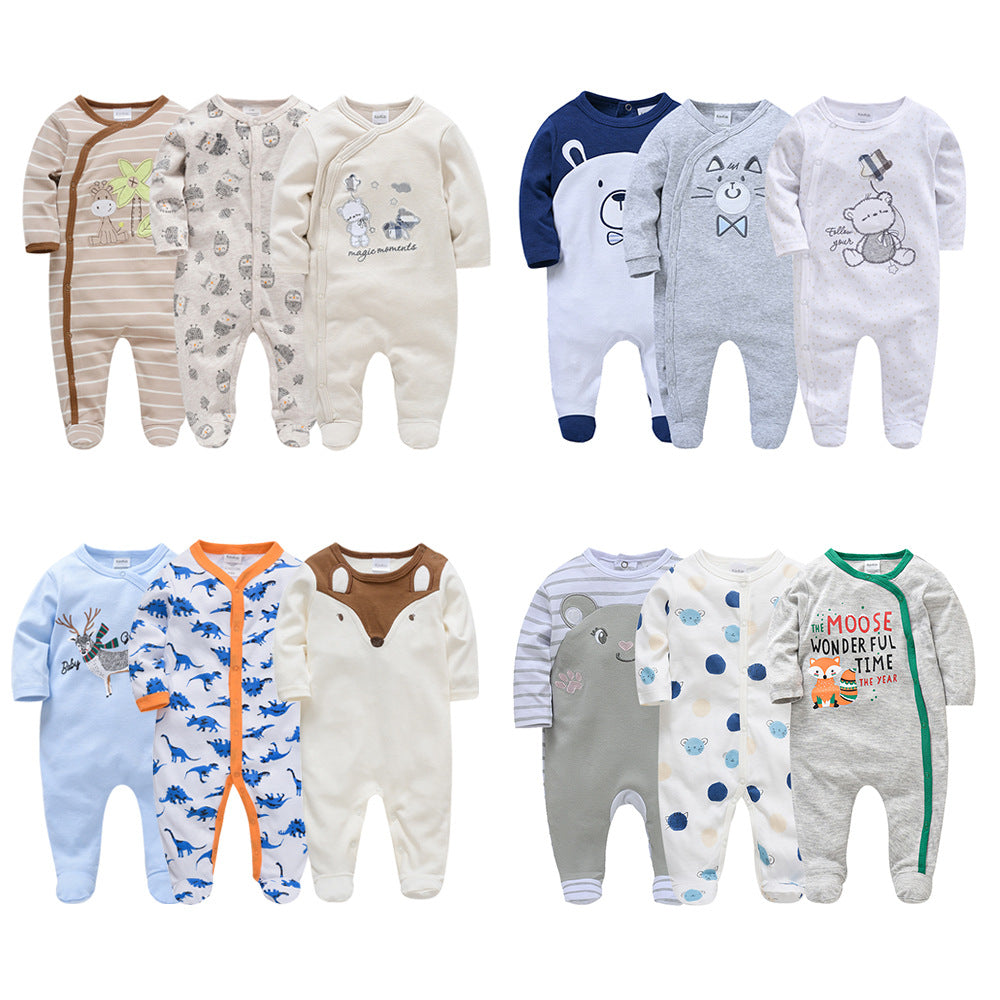 Newborn baby clothes 3-piece set autumn cartoon infant onesie cute long-sleeved crawling clothes baby clothes