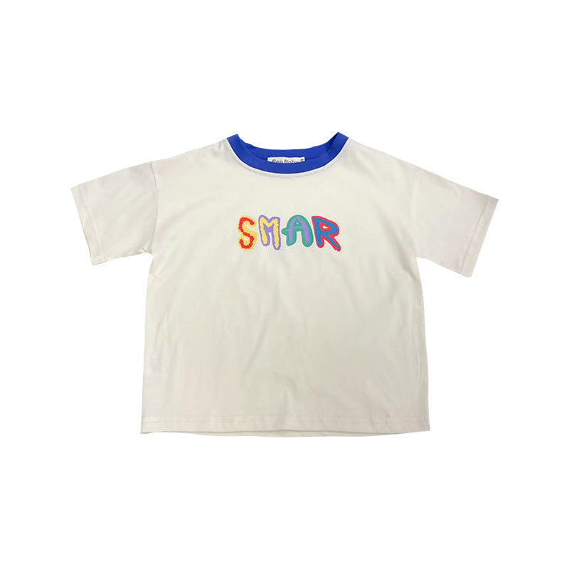 2024 summer new children's clothing boys and girls colorful letter short-sleeved T-shirts Korean version children's small and medium children's fashionable tops