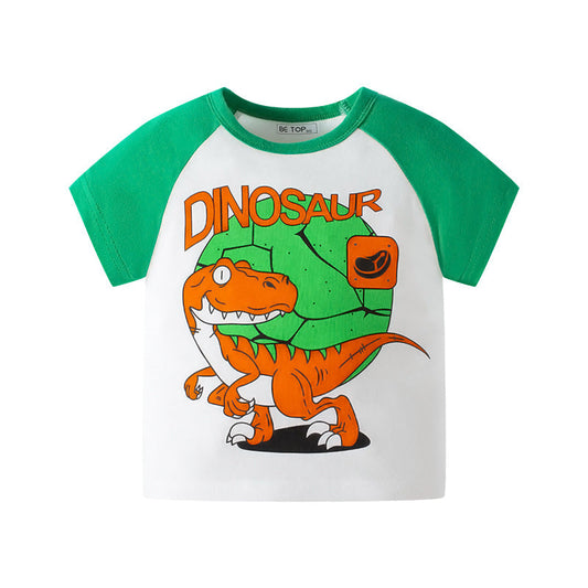 be top children's clothing children's short-sleeved cartoon dinosaur baby print sleeve top boy T-shirt round neck sweater