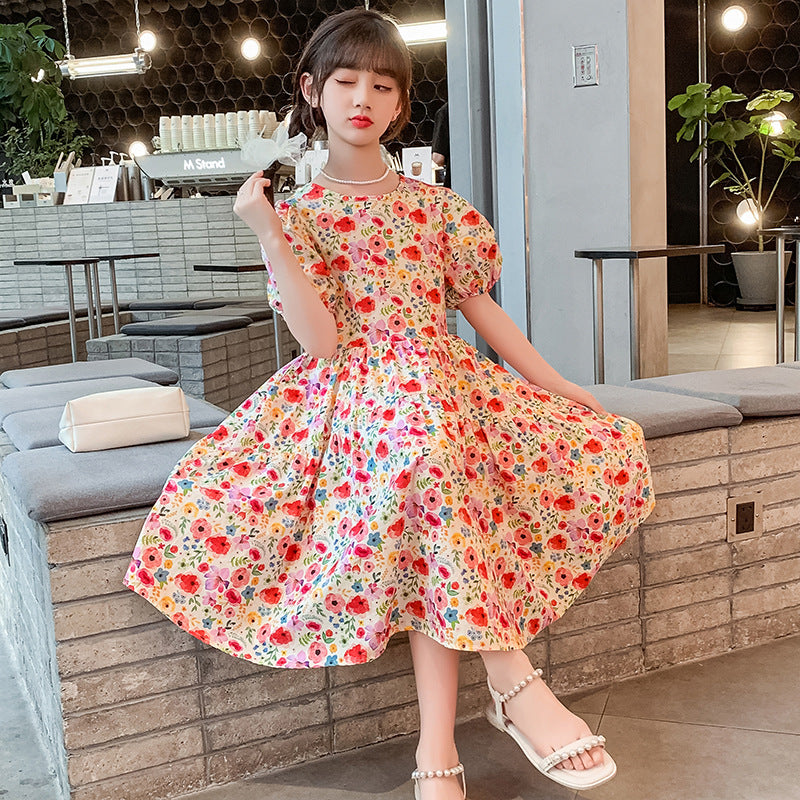 Girls summer dress cotton princess dress forest series French puff sleeve pure cotton skirt middle and large children kindergarten