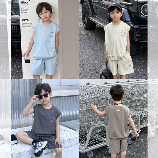 Amo Beibei boy 2024 summer letter loose vest sports suit baby Korean version handsome sleeveless two-piece suit