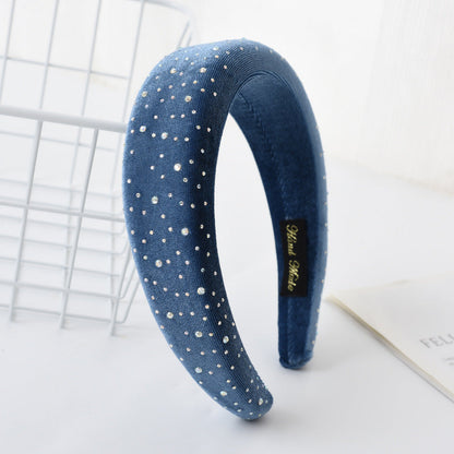 New French headband for women European and American retro diamond-studded sponge flat head buckle solid color fabric wide-brimmed headband hair cave for women