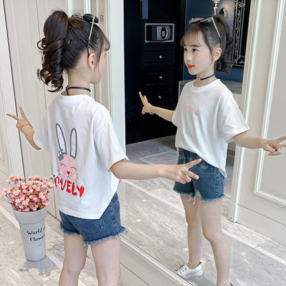 Girls short-sleeved T-shirt 2024 new summer cute cartoon printed cotton T-shirt fashion casual tops T-shirt