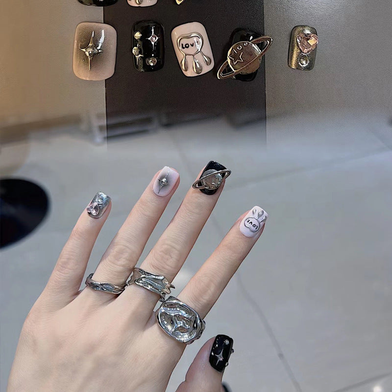 Douyin hot-selling hand-made wearable nail art nail tips dark style cute full diamond nail stickers finished product detachable