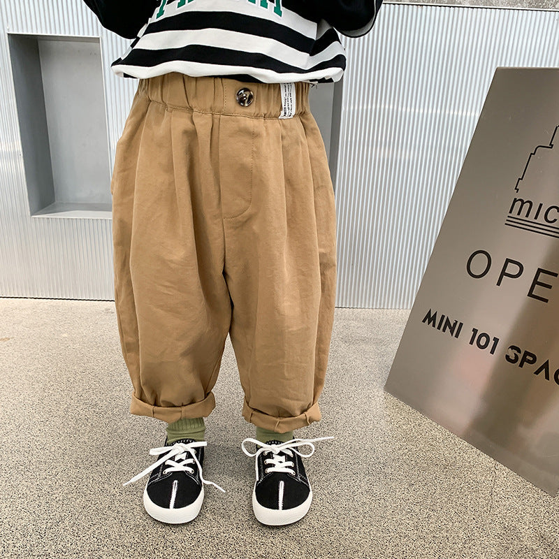 Children's pants 2024 spring new single button label casual trousers boys handsome all-match solid color carrot pants