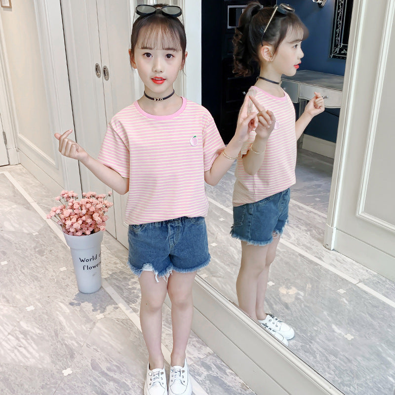 Girls short-sleeved T-shirt 2024 summer new striped embroidery cartoon fruit T-shirt stylish cotton stretch top