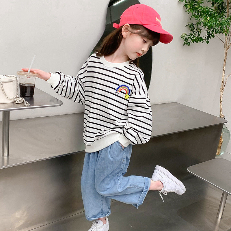 Children's Girls 2024 Spring New Long Sleeve Tops Bottoming Shirt Black and White Striped Printing Colored Cotton Elastic Loose