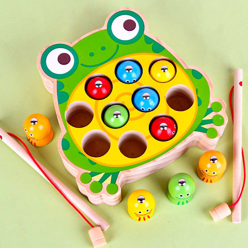 Cross-border children's wooden early education intelligence development frog kitten fishing magnetic fishing rod training desktop educational toys