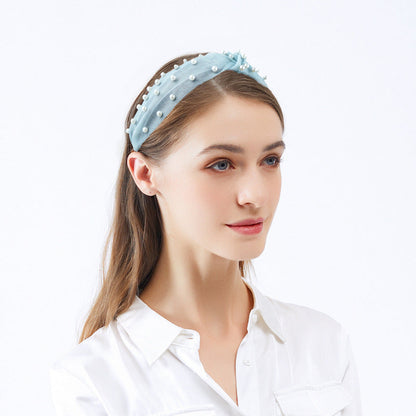 2021 New European and American Headband Women's French Nail Pearl Knotted Head Buckle Versatile Mesh Lace Wide-edge Headband Hair Cave