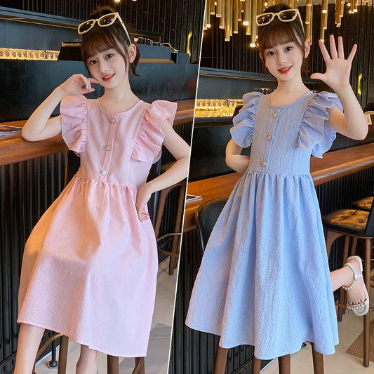 Children's 2024 new summer cotton pastoral style dress plaid fragrance style flying sleeves flying edge net celebrity princess long skirt