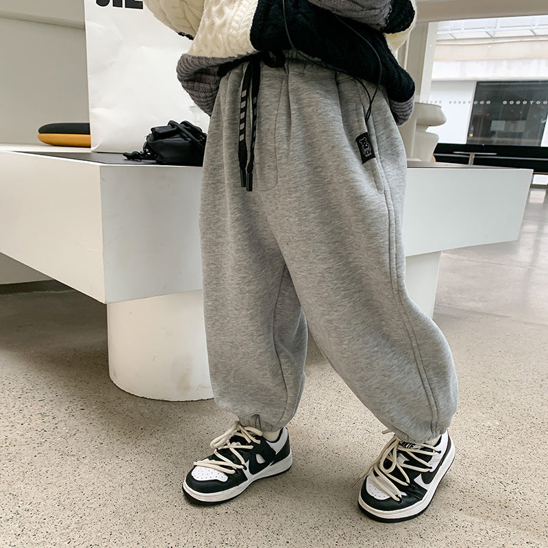 Amo Beibei children's 2023 winter pants for boys and girls thickened silver fox velvet drawstring sweatpants baby warm trousers