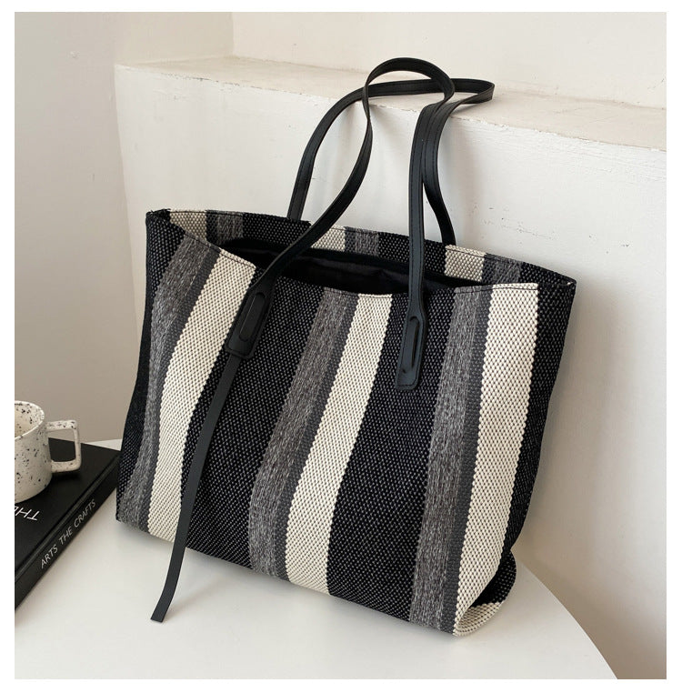 Large capacity striped women's big bag autumn 2024 new trend fashion shoulder bag casual bag hand-held tote bag large bag 