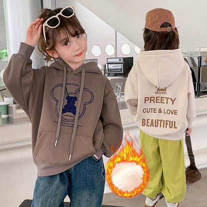 2024 autumn and winter clothing for boys and girls thickened fleece pullover hoodie lamb wool warm medium and large children loose