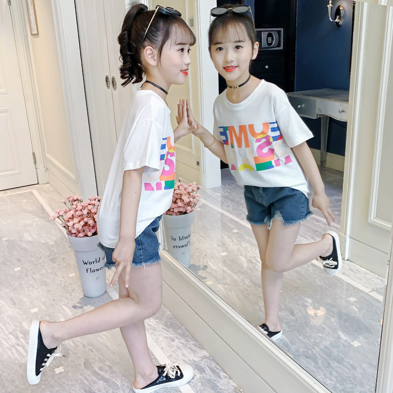 Girls summer short-sleeved T-shirt 2024 new style children's letter printed cotton top loose casual T-shirt