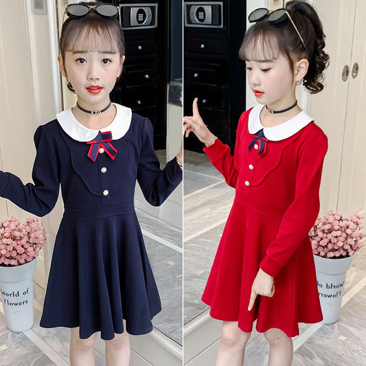 Girls Spring and Autumn Dress 2024 New Style Children's Clothing College Style Doll Collar Long Dress Internet Celebrity Princess Dress