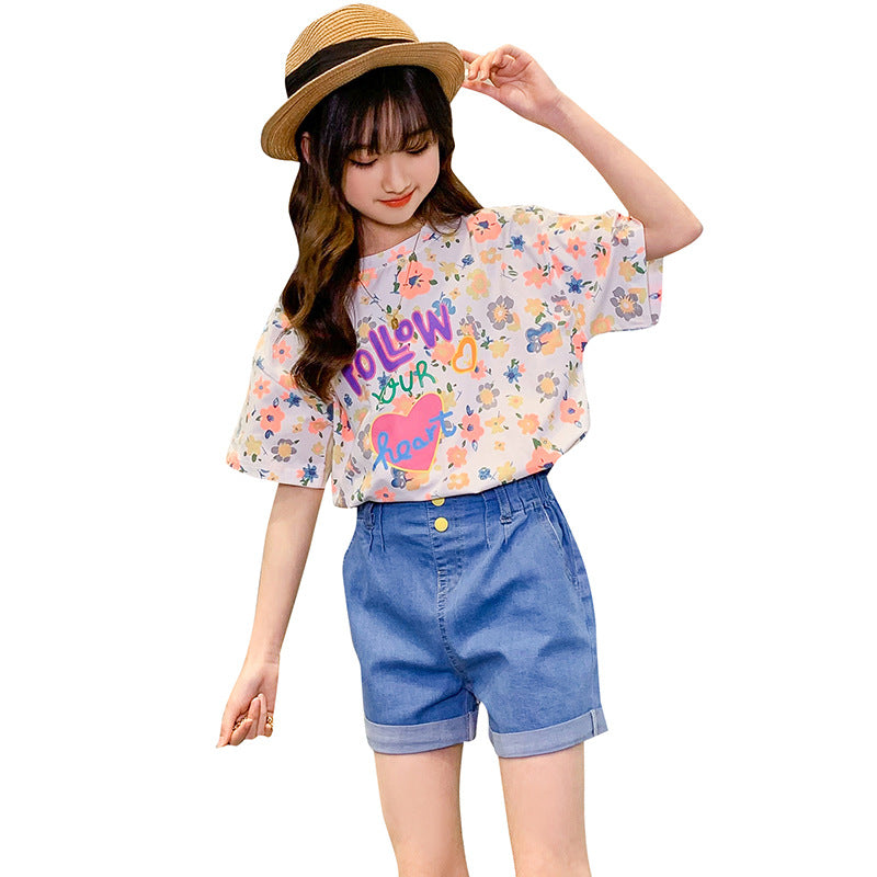 Girls summer new short-sleeved tops cotton T-shirt with floral print Korean version for middle and large children elastic loose fat elementary school trend