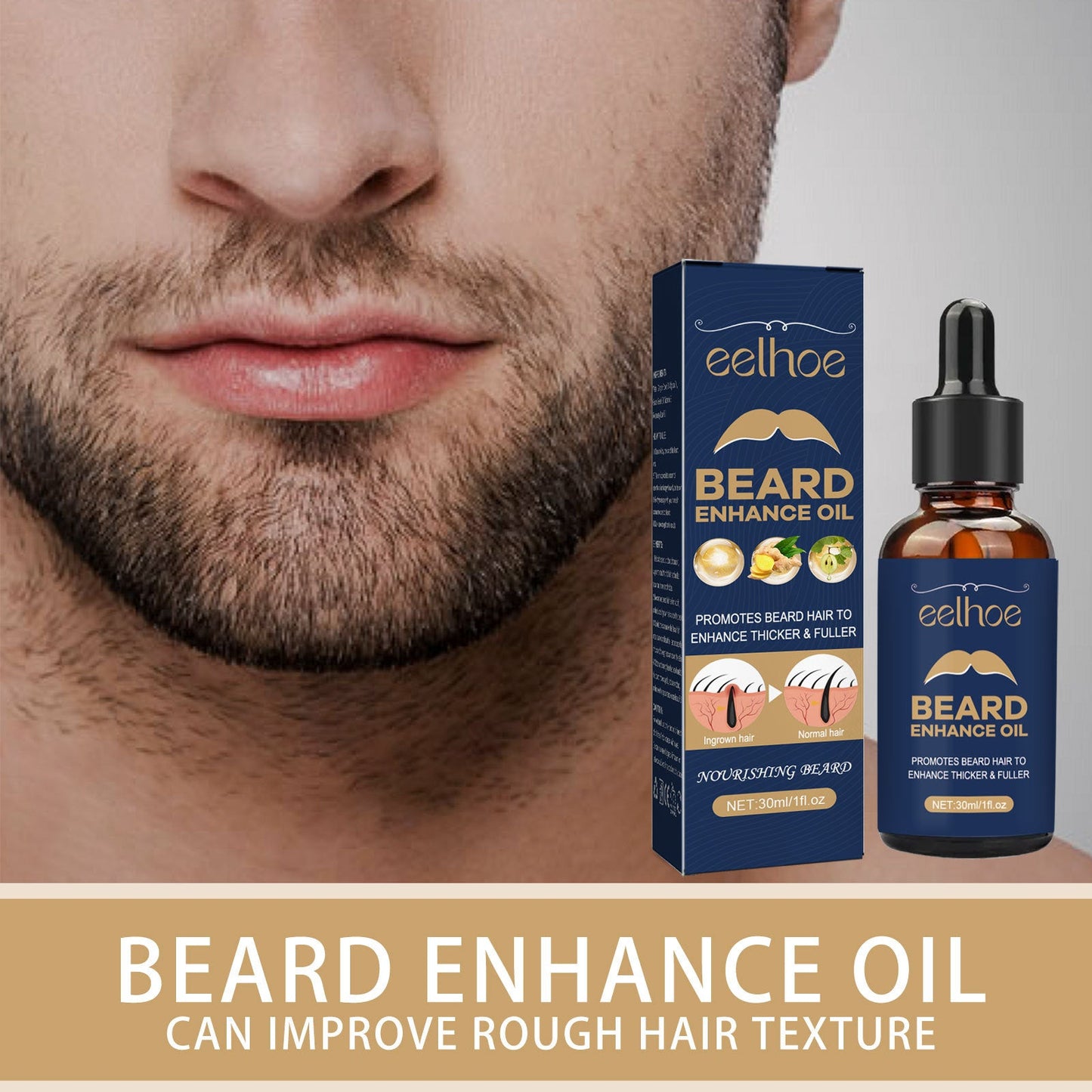 EELHOE Beard Care Oil ផ្តល់សំណើម បន្ទន់ និងពង្រឹងឫសសក់ ចិញ្ចឹមពុកចង្ការបុរស និងប្រេង Essence សក់ក្រាស់ 