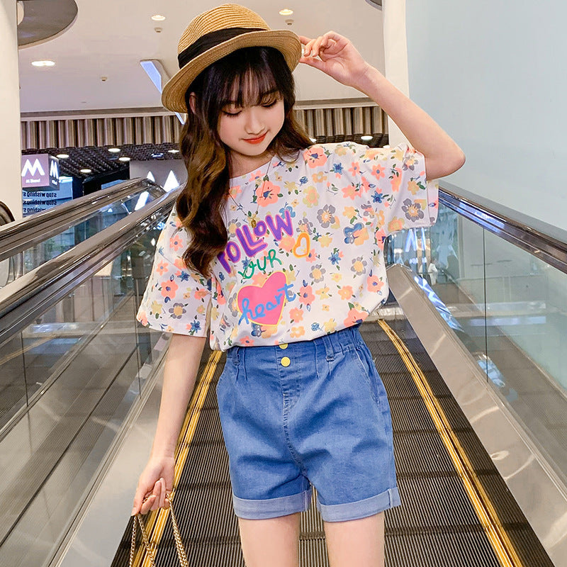 Girls summer new short-sleeved tops cotton T-shirt with floral print Korean version for middle and large children elastic loose fat elementary school trend