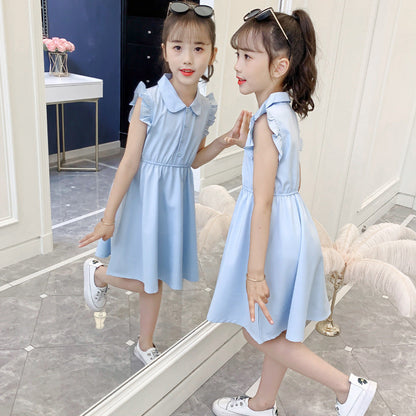 Girls summer clothes 2024 new children's dresses for middle and large children, stylish solid color chiffon skirts for girls, thin princess skirts