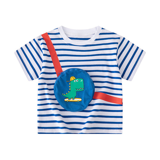 be top brand children's clothing striped boys short-sleeved T-shirt three-dimensional pocket dinosaur print baby summer children's clothes