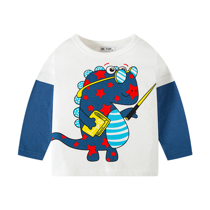 betop children's clothing new spring and autumn children's long-sleeved T-shirt trendy cartoon dinosaur sleeves boy's top round neck knitted