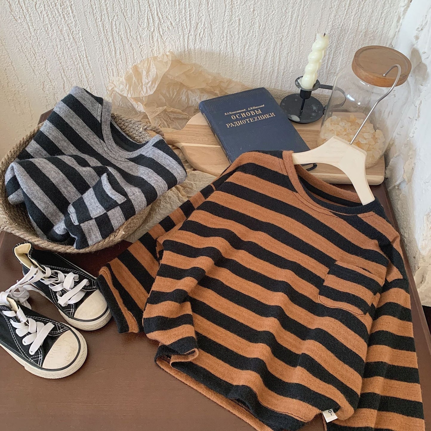 Children's T-shirt 2024 Bangcheng Spring Boys and Girls Korean Lazy Style Striped Sweater Baby Bottoming Shirt F0381