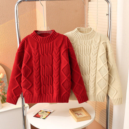 Winter girls' cable knit sweater thickened thick wool retro cherry red stylish warm lazy loose New Year