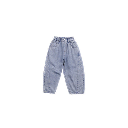 Elmo Beibei Children's 2024 Summer Spliced ​​​Twill Soft Jeans for Boys and Girl Style Korean Handsome Washed Straight Pants