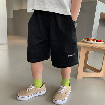 Amo Beibei children's 2024 summer all-match letter stitching shorts for boys and girls baby loose stitching five-point pants