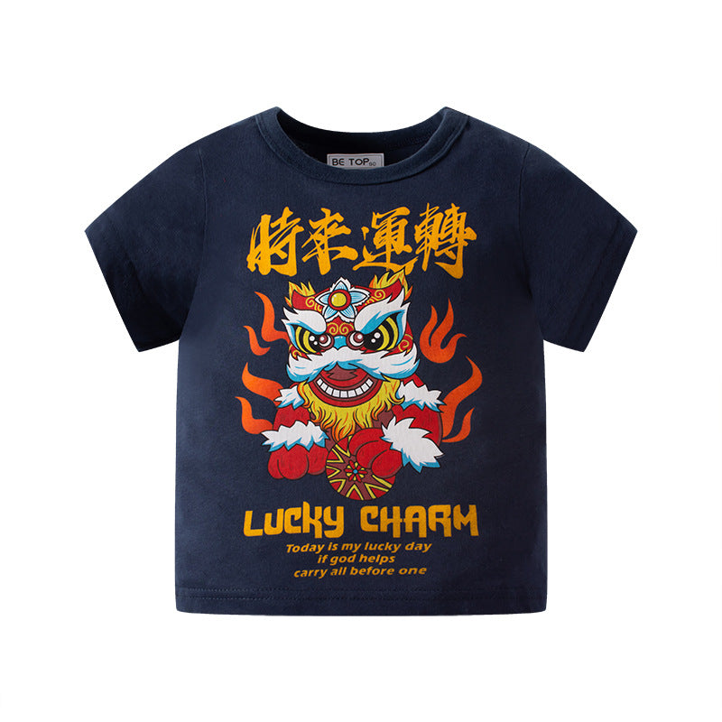 Summer new children's cartoon short-sleeved T-shirt boy Chinese style lion dance good luck pure cotton breathable trendy brand INS