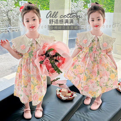 Girls summer cotton skirt pure cotton skirt small and medium children doll collar floral French forest series kindergarten oil painting style