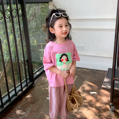 2024 new summer girls pure cotton cartoon short-sleeved T-shirts for small and medium-sized children and babies Korean style half-sleeved tops