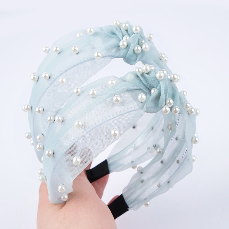 2021 New European and American Headband Women's French Nail Pearl Knotted Head Buckle Versatile Mesh Lace Wide-edge Headband Hair Cave