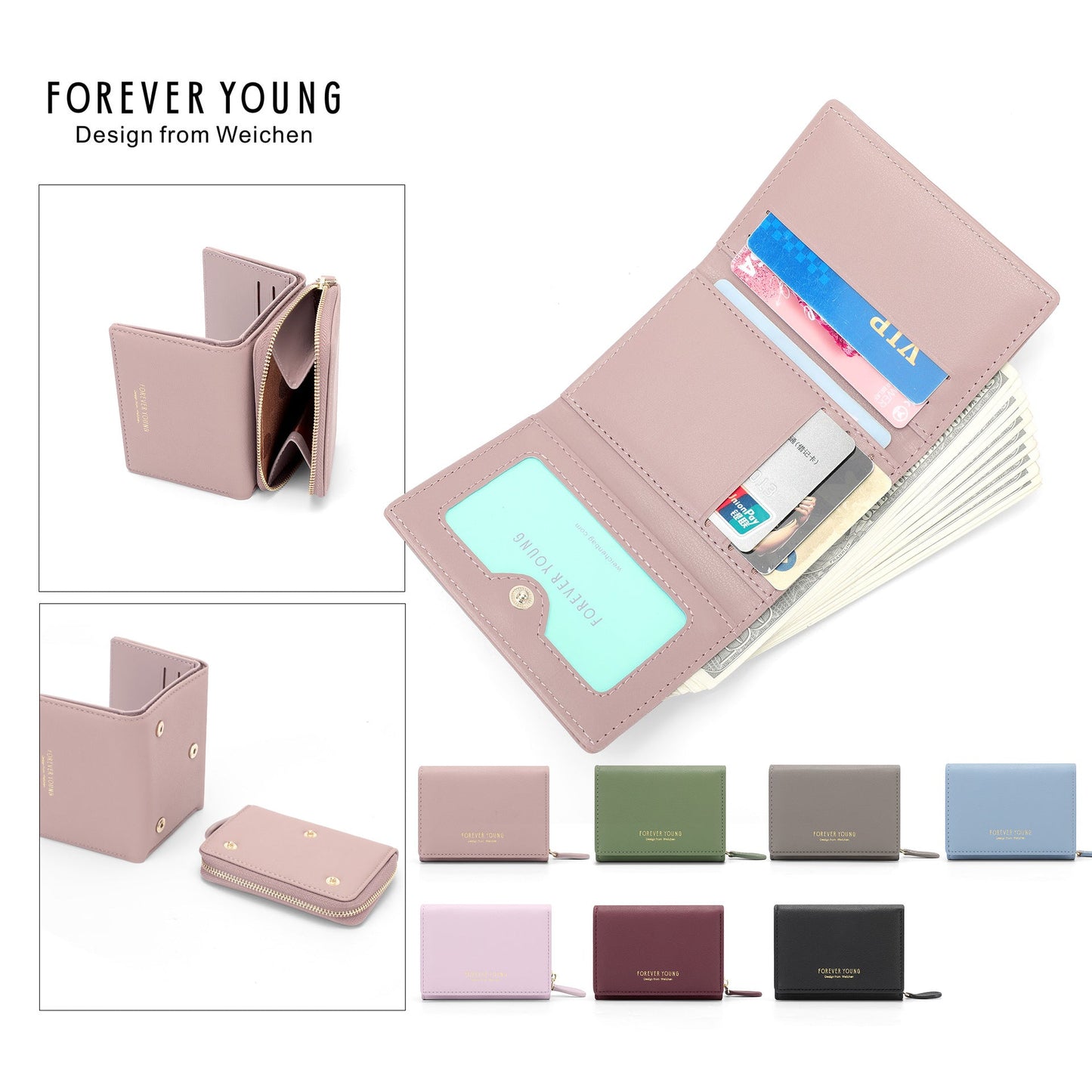 Forever Young ladies short wallet ticket clip tri-fold lightweight multi-functional dual-use card holder coin purse female 