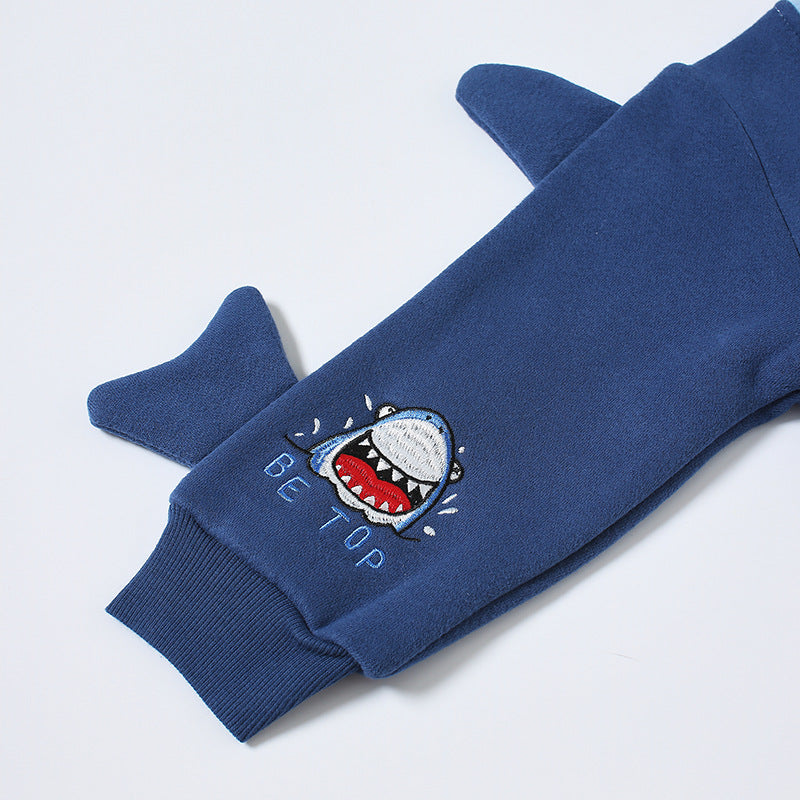 2024 Autumn and Winter New Boys Sweatshirt Shark Children Baby Clothing Plus Velvet Warm Pullover One Piece Delivery