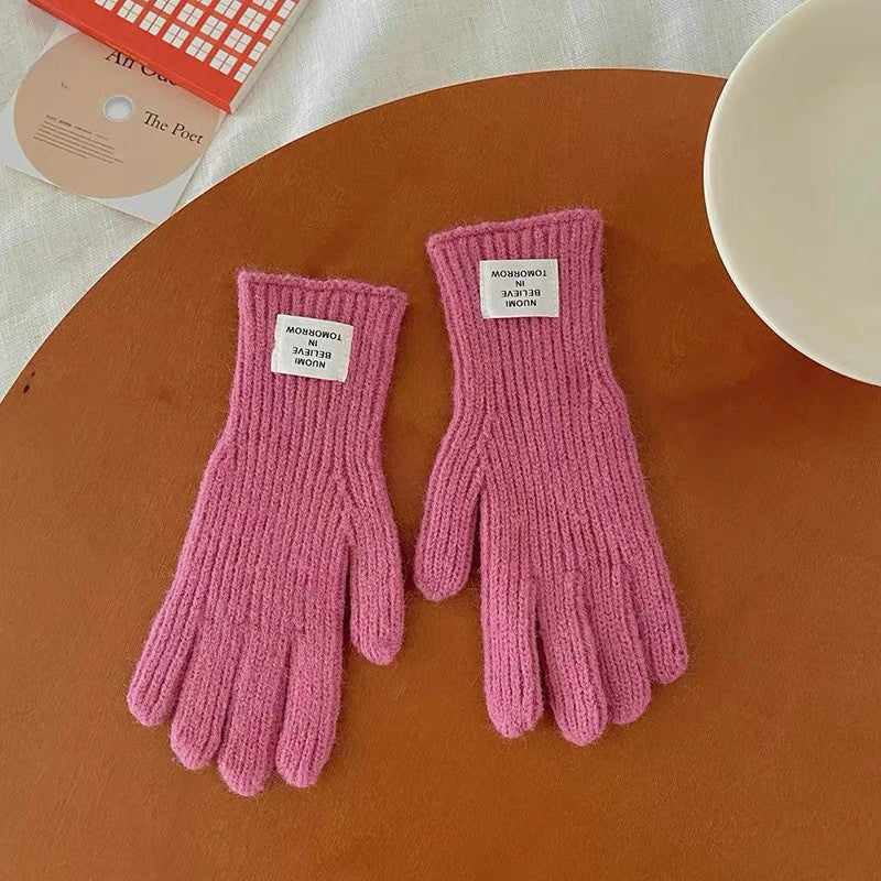 Children's 2023 winter thick wool warm color matching gloves for boys and girls baby letter label hole five-finger gloves